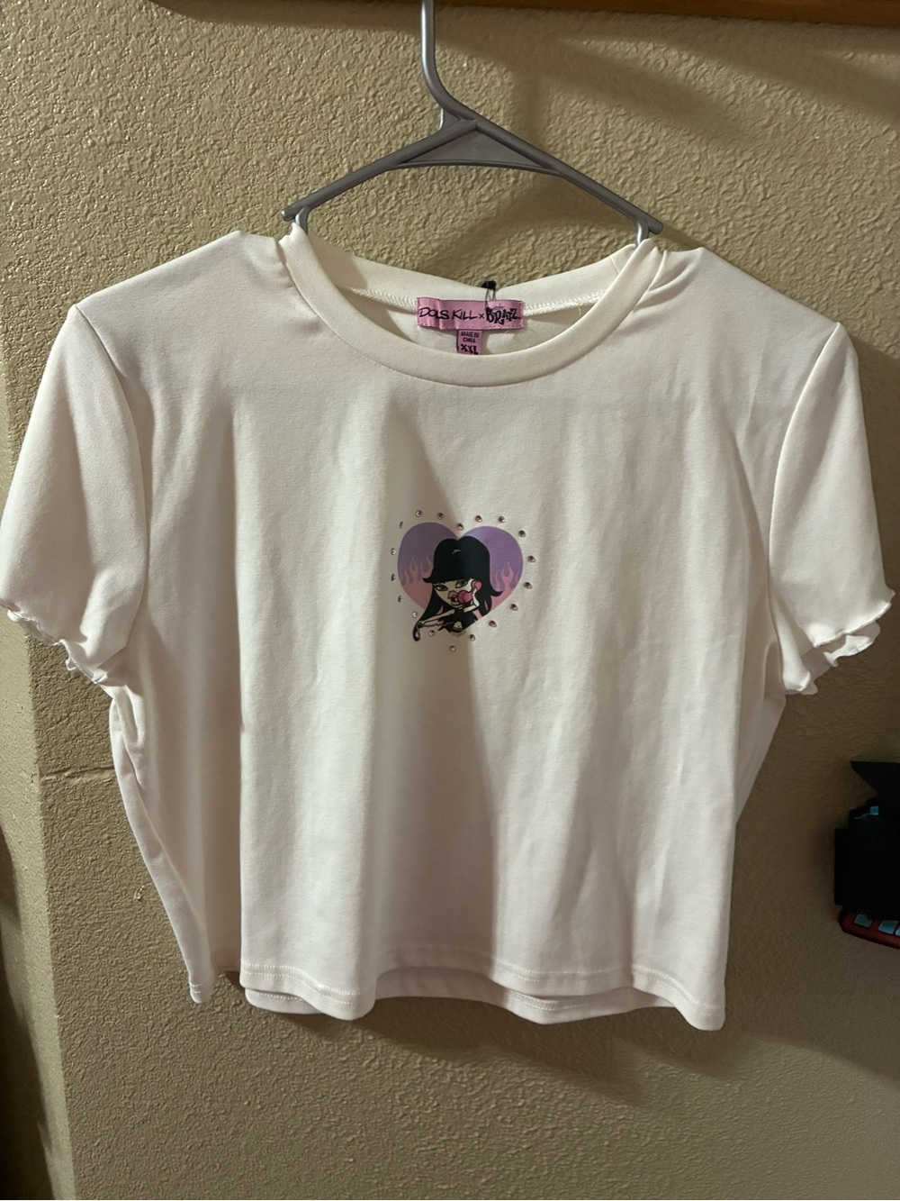 Dolls Kill White Crop Tee with Purple Heart Character Graphic